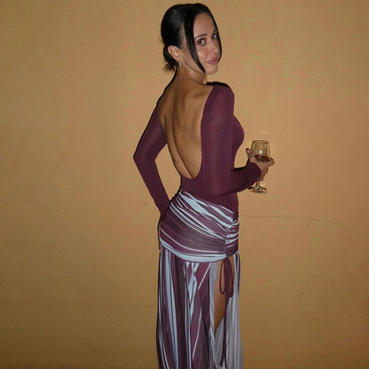 SXR K6D11771A summer backless slit striped long sleeve dress