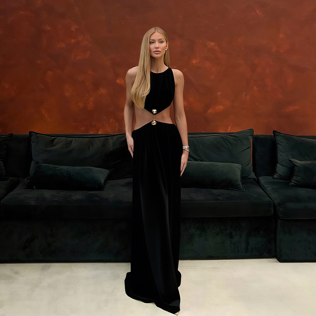 SXR autumn fashion midriff outfit long dress round neck sleeveless solid color dress