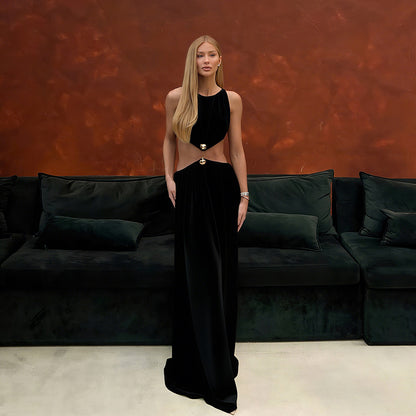 SXR autumn fashion midriff outfit long dress round neck sleeveless solid color dress