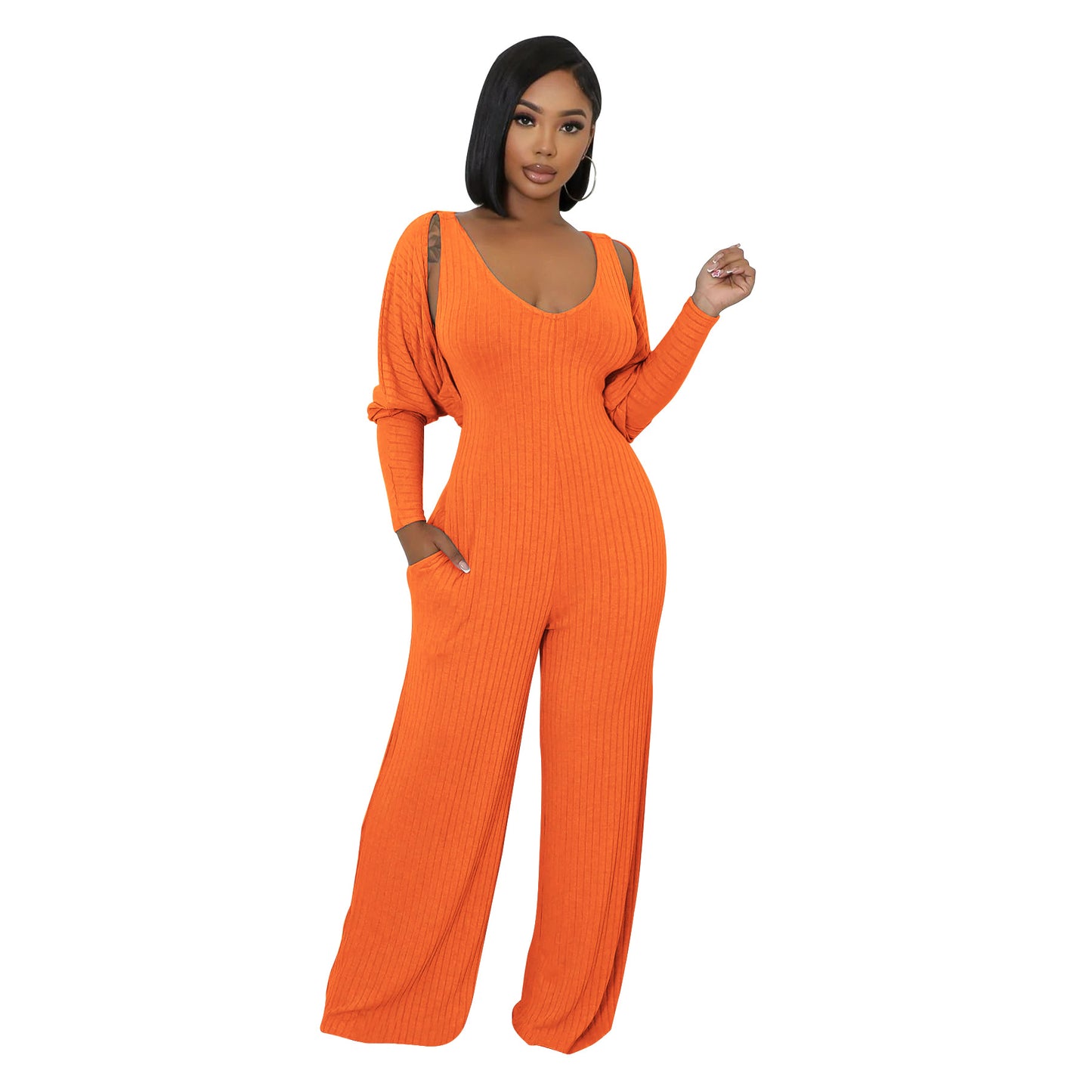 MYF (S-2XL) K10794 sunken stripe long sleeve vest jumpsuit