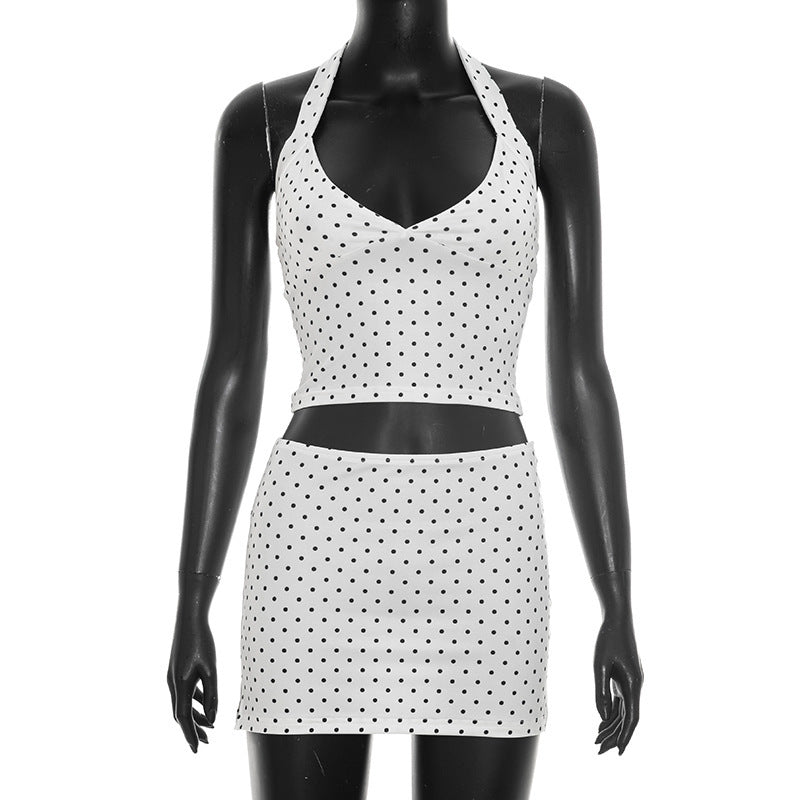 DZHT D26ST187 polka dot printing halterneck vest match slit sheath two-piece overskirt suit pack