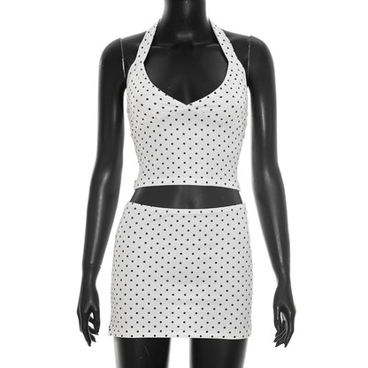 DZHT D26ST187 polka dot printing halterneck vest match slit sheath two-piece overskirt suit pack