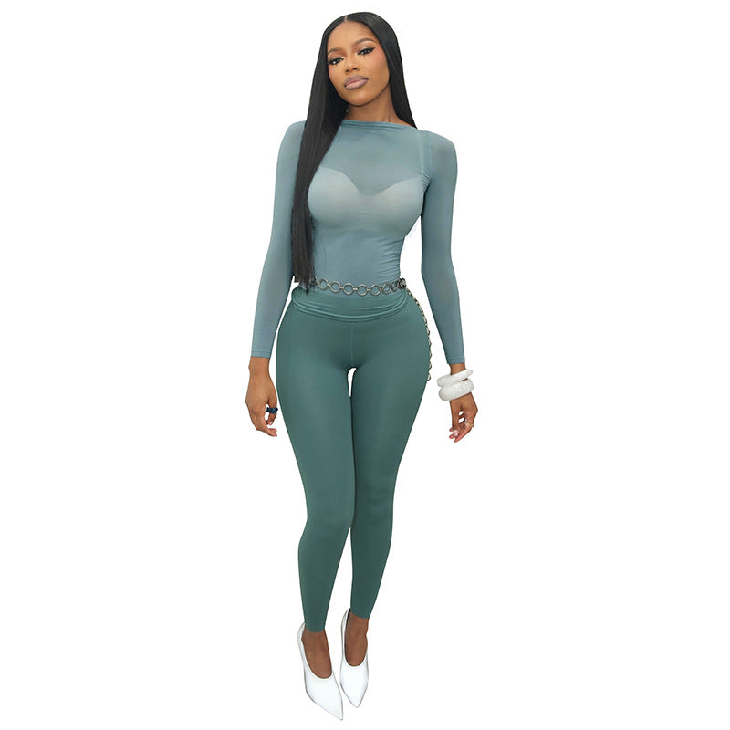 DZHT D26ST225 mesh long-sleeved top slim-fit trousers solid color two-piece suit