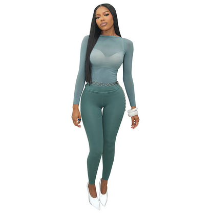 DZHT D26ST225 mesh long-sleeved top slim-fit trousers solid color two-piece suit