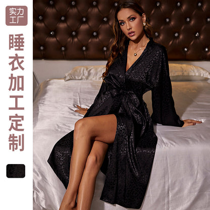 DNL black long sleeve nightgown lace-up morning gowns cardigan pajamas ice silk bathrobe