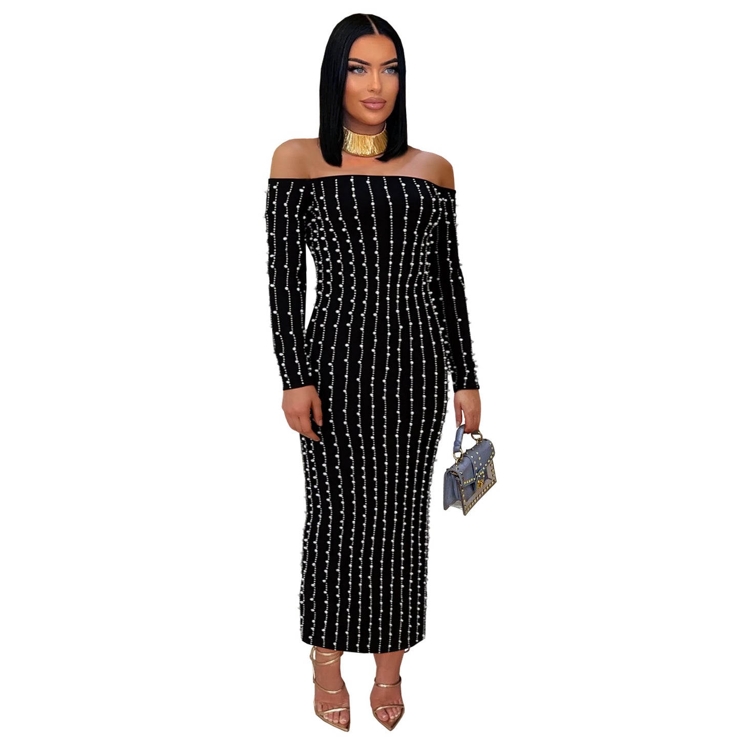 XYZ C7419 elegant long sleeve tube top rhinestone arm covering dress