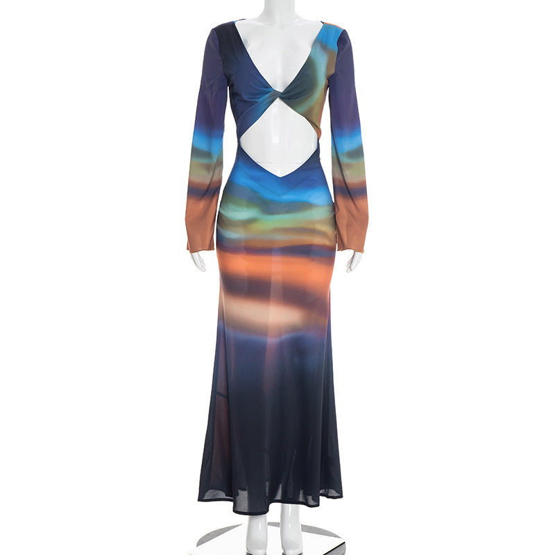 DZHT D26DS030 printed mesh long sleeve bare back lace-up long dress