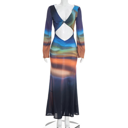 DZHT D26DS030 printed mesh long sleeve bare back lace-up long dress