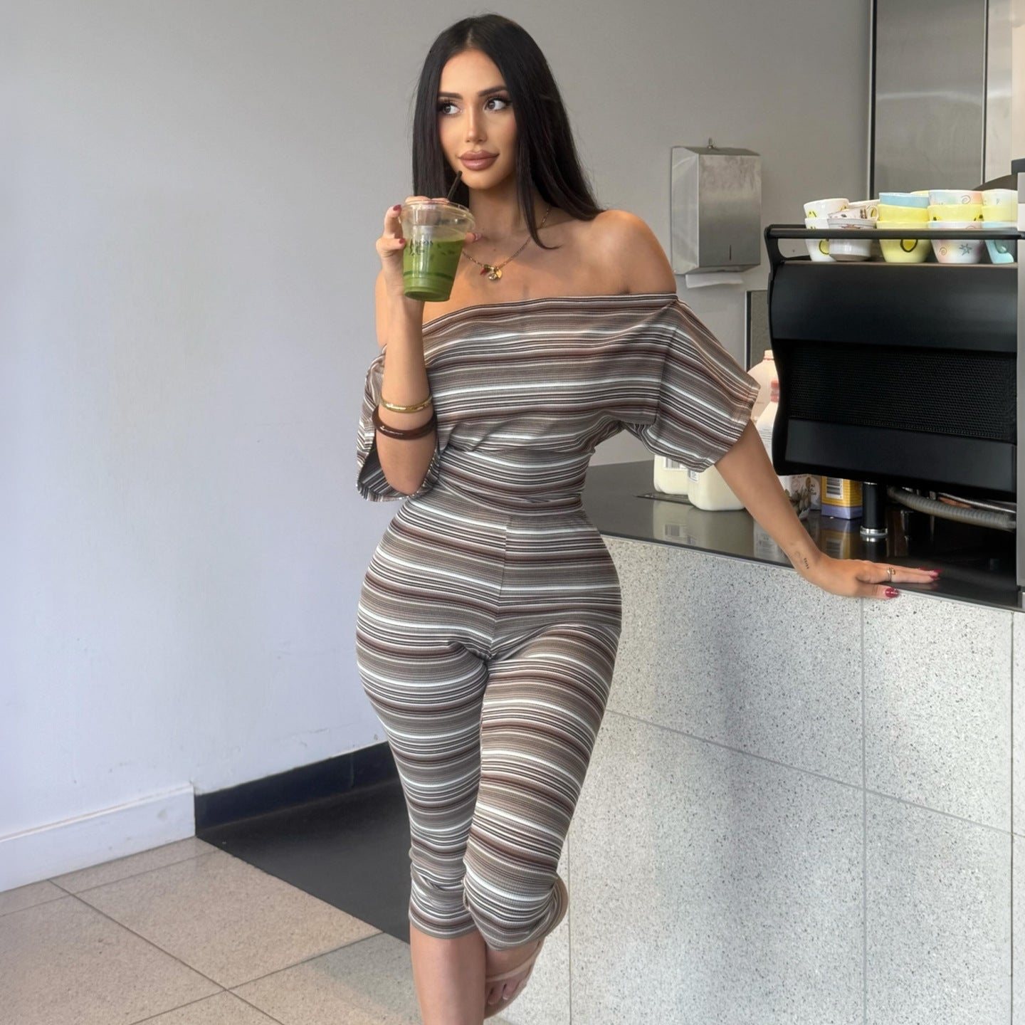 DLS summer stripes tube top off-shoulder short sleeve skinny knee length pants suit