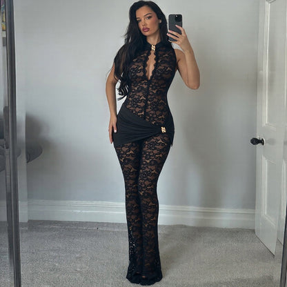 SXR autumn and winter lace stitching sleeveless high waist micro-pull jumpsuit
