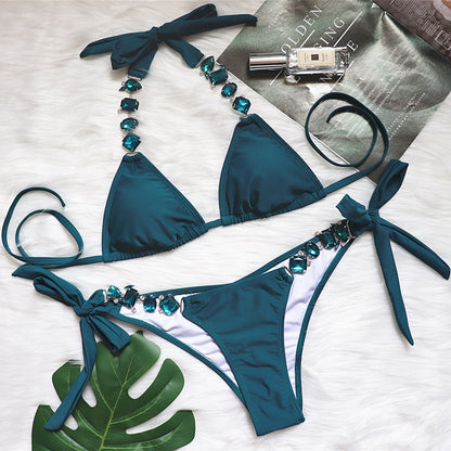 Sexy bikini plain women's split strap luxury diamond metal chain accessories