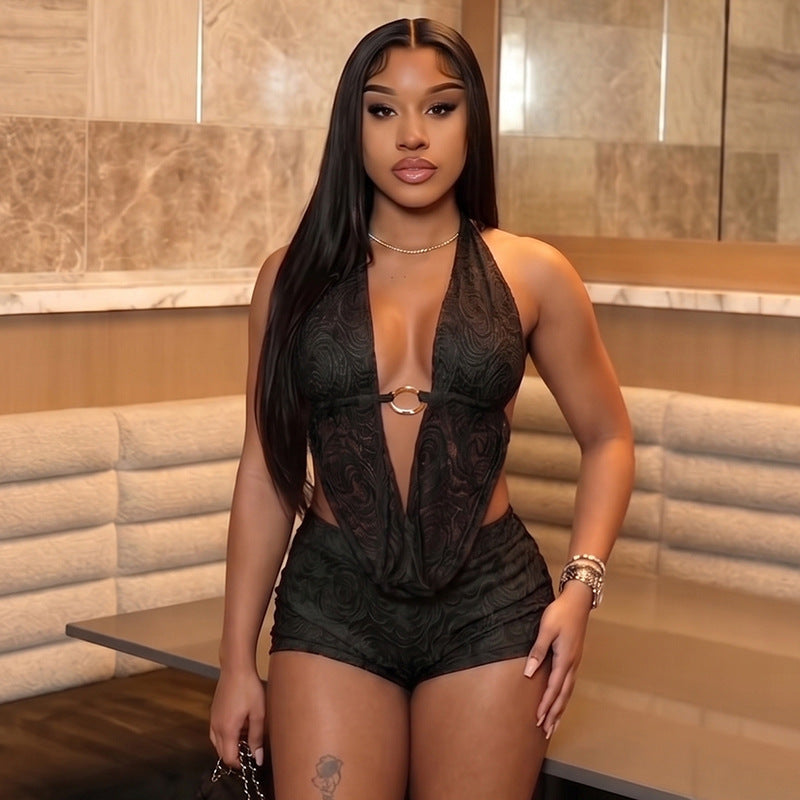 DZHT J26ST162 lace draped collar halter backless top slim shorts two-piece suit