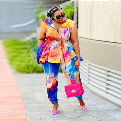 GY (2XL-5XL) SRS10438 printed hooded two-piece set