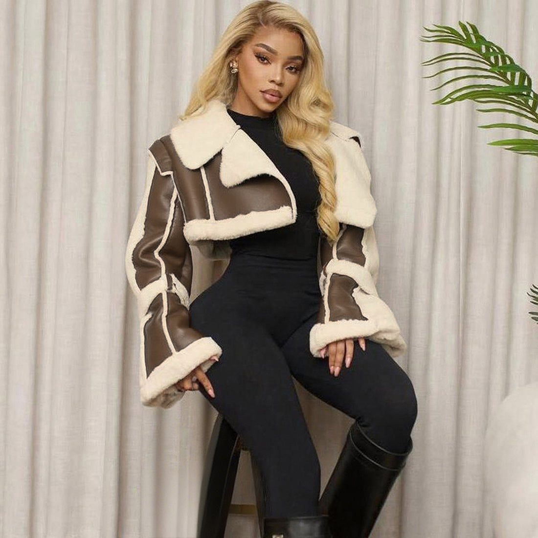 SXR autumn fashion PU leather stitching short fur collar navel coat