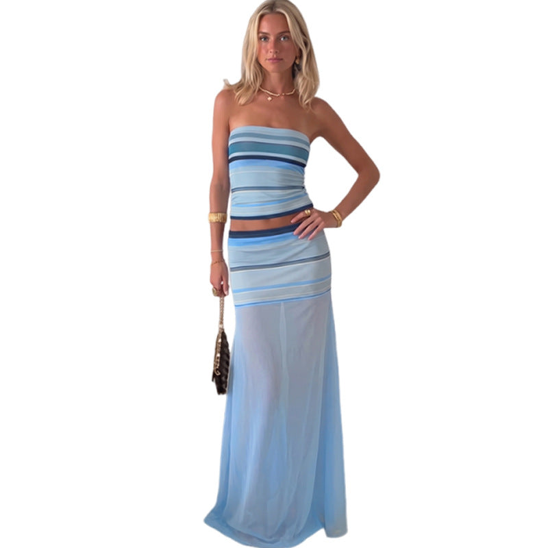 SXR K6S04260A striped tube top vest mesh semi see-through long skirt suit