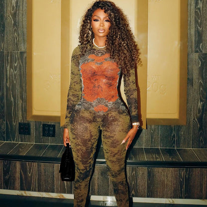 SXR summer printed mesh high waist long-sleeve zipper jumpsuit
