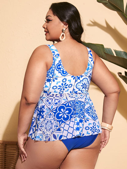 LF (L-4XL) women's split color printing swimsuit plus size