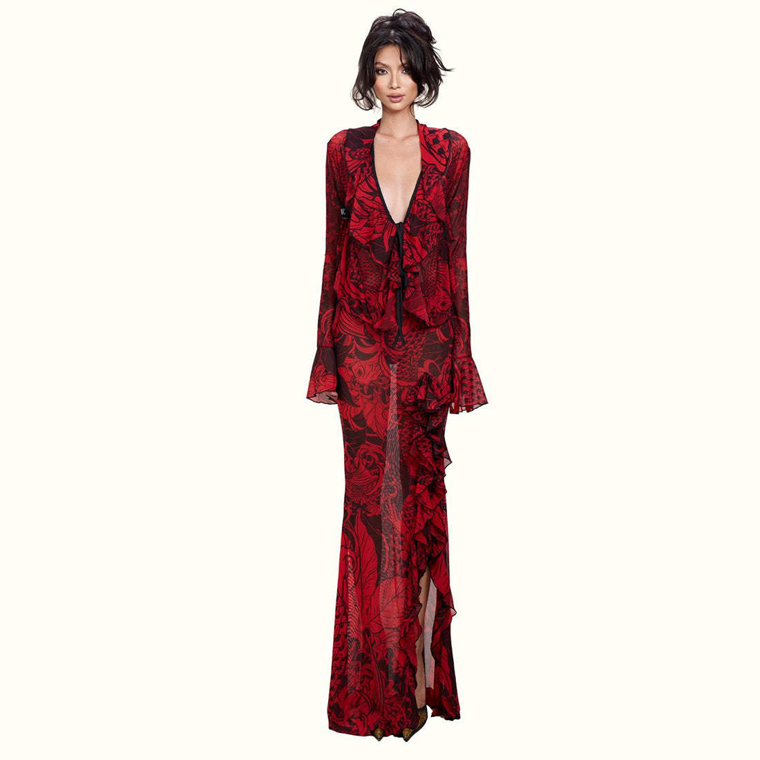 DLS Spring vintage lace bell sleeve sexy deep V-neck slightly transparent high slit skirt suit