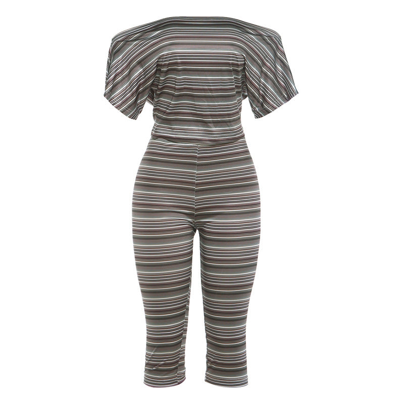 DLS summer stripes tube top off-shoulder short sleeve skinny knee length pants suit