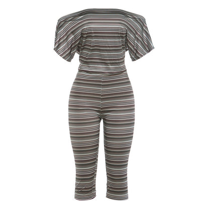 DLS summer stripes tube top off-shoulder short sleeve skinny knee length pants suit