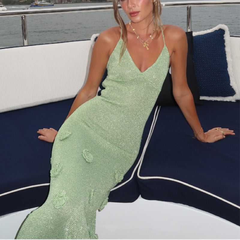 CYB V-neck skirt with shoulder straps glitter yarn knitted dress flower beach dress
