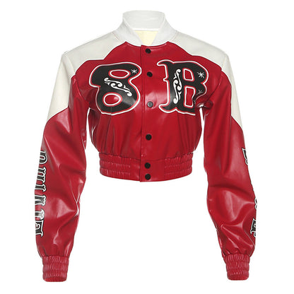 SXR autumn short printing contrast color PU leather coat