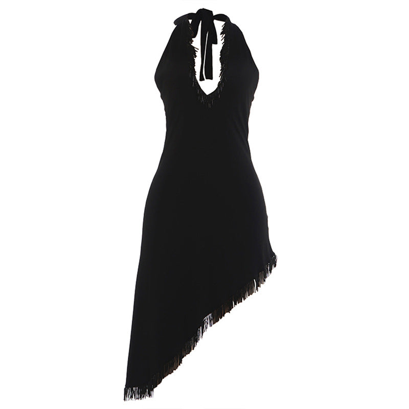DLS autumn tassel stitching halter backless V-neck irregular dress
