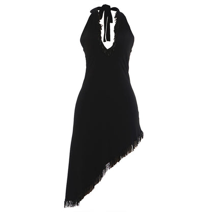 DLS autumn tassel stitching halter backless V-neck irregular dress