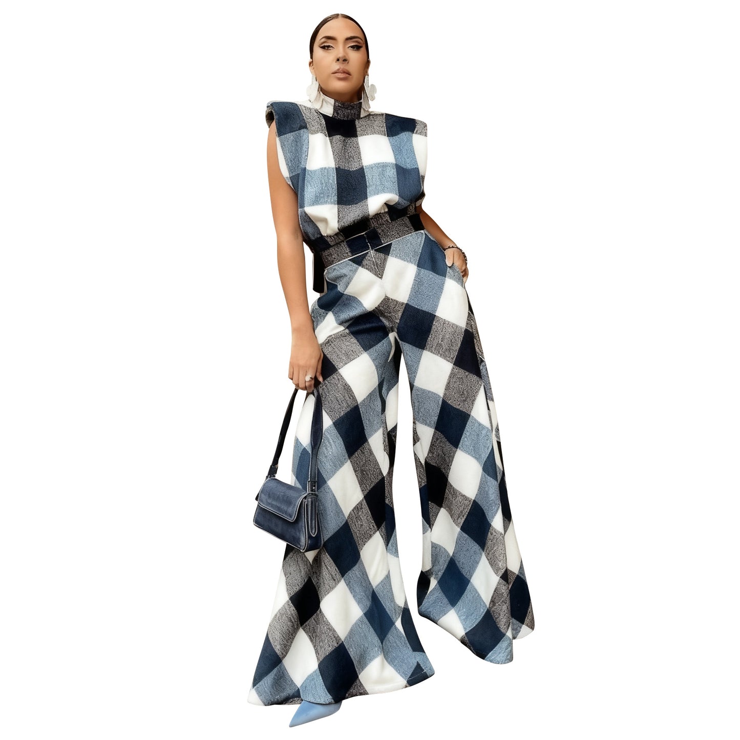 MYF (S-2XL) 10950 suede plaid loose wide leg pants sleeveless suit