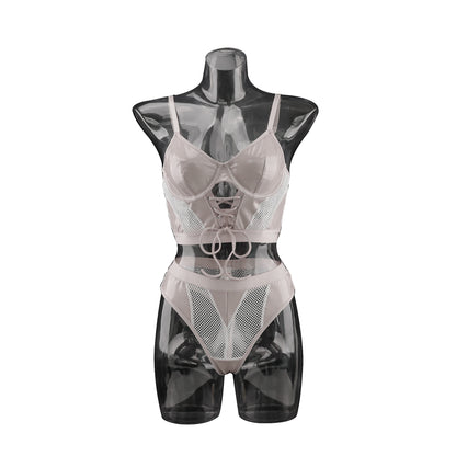 Sexy jumpsuit PU mesh stitching see-through sexy lingerie set