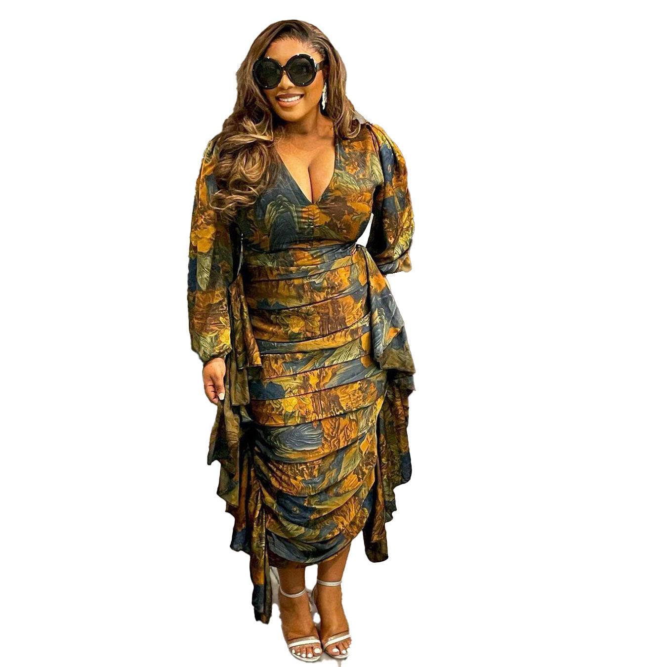 GY (S-3XL) S10597 printed ruffled pleated lantern sleeve sheath slim-fit long-sleeved dress