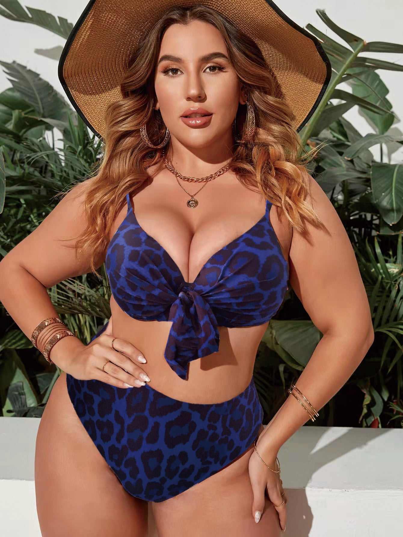 LF (L-4XL) women's split color printing swimsuit plus size