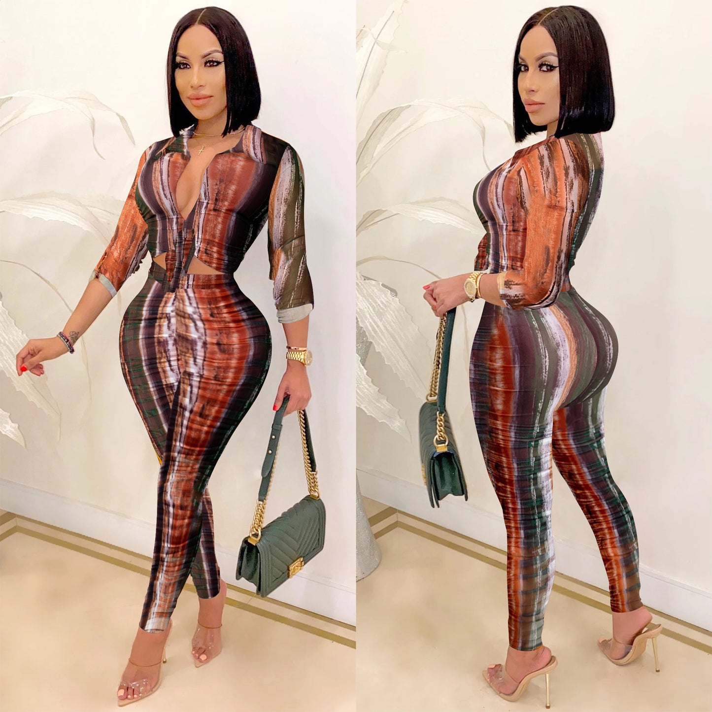 XYZ Digital printed V-neck long-sleeved trousers two-piece set