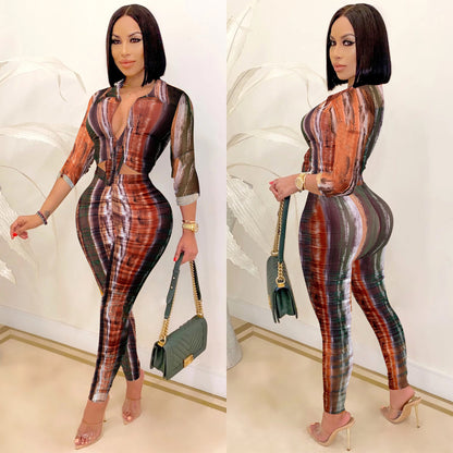 XYZ Digital printed V-neck long-sleeved trousers two-piece set