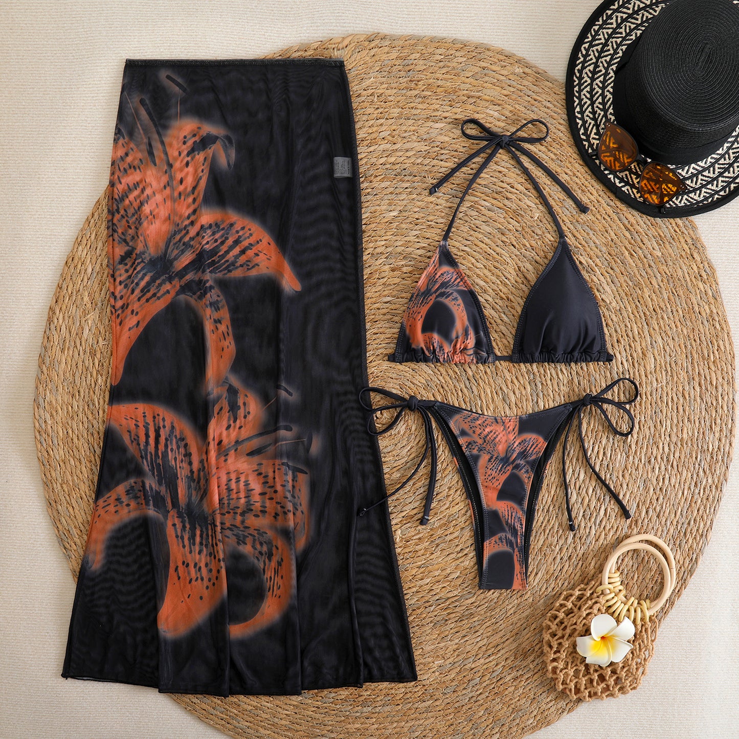 (4 days ready to ship) SY customized printing large floral three-piece set mesh long dress bikini