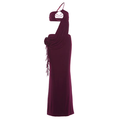SXR Spring 2026 midriff outfit sexy bandeau bead necklace flower oblique shoulder strap dress