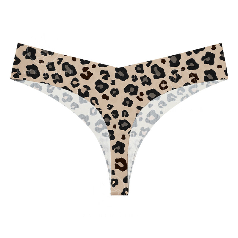 T-shaped panties low waist plus size breathable purified cotton crotch underwear seamless Ice Silk quick-drying leopard print T-back sheath
