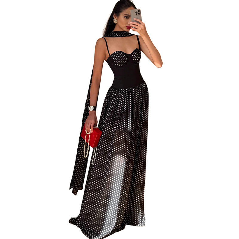 DLS tube top backless ribbon wave point printing slip dress