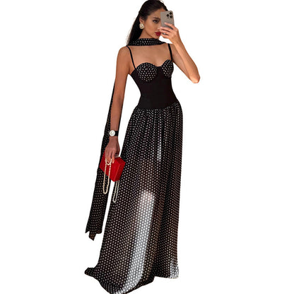 DLS tube top backless ribbon wave point printing slip dress