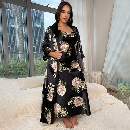 DNL plus size long artificial silk night skirt suit loose printed pajamas