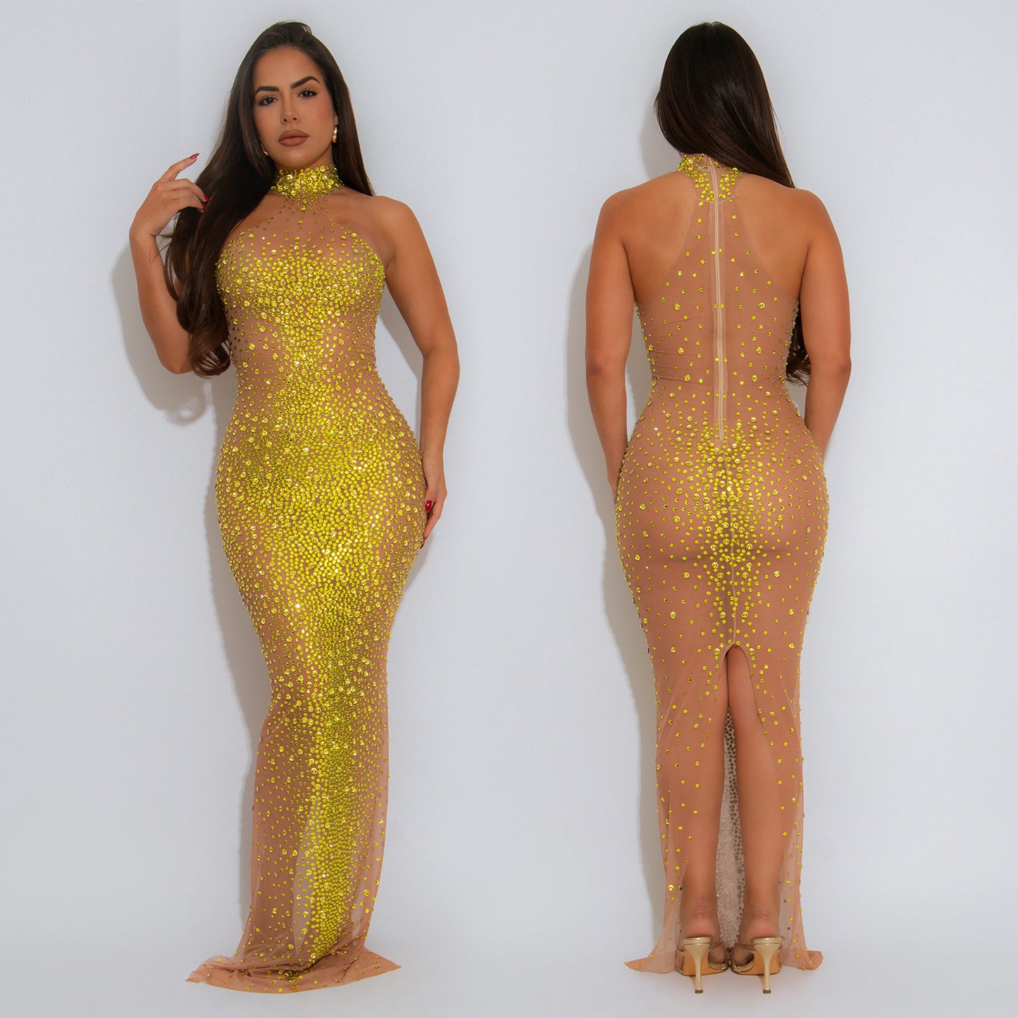 XYZ C7556 sheer mesh rhinestone slim dress