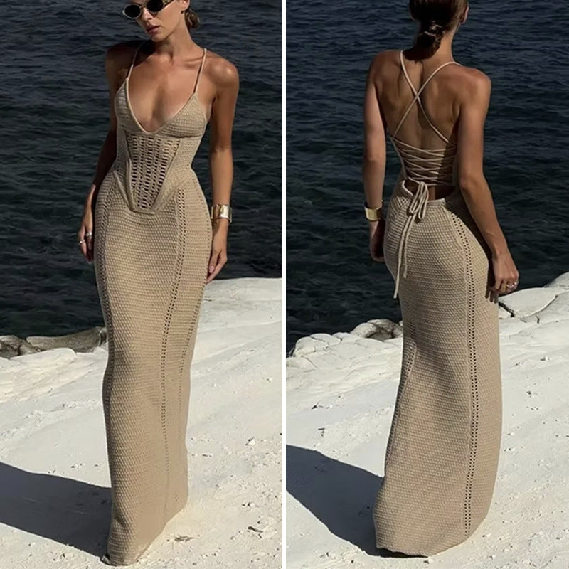 CYB beach skirt V-neck strap hip skirt backless lace up knitted dress