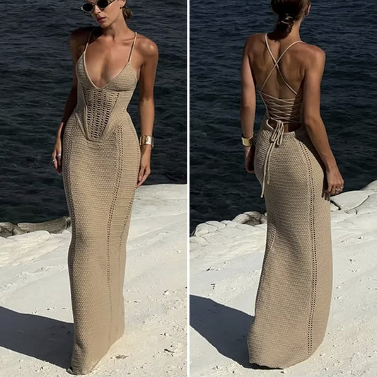 CYB beach skirt V-neck strap hip skirt backless lace up knitted dress
