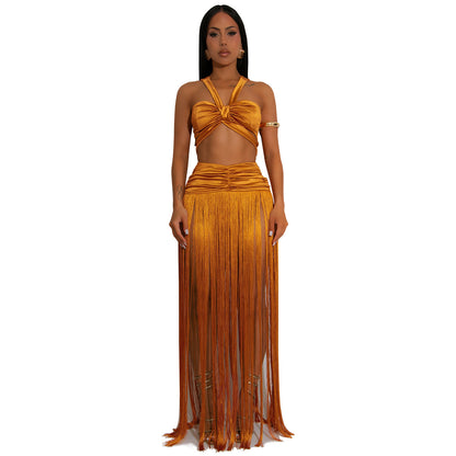 XYZ C7438 shoulder strap top tassel dress two-piece set