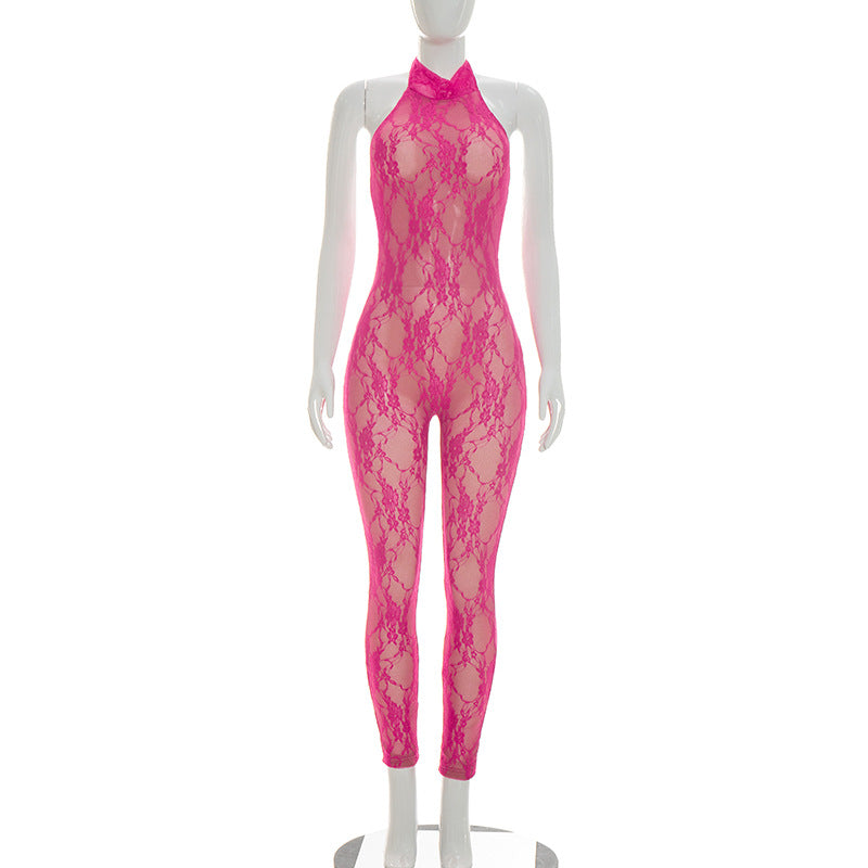 DZHT D26JP058 sleeveless slim-fit see-through lace halter strap one-piece trousers