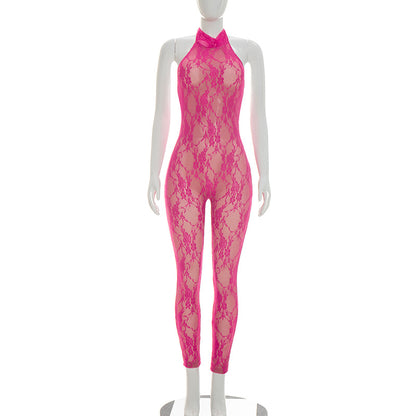 DZHT D26JP058 sleeveless slim-fit see-through lace halter strap one-piece trousers