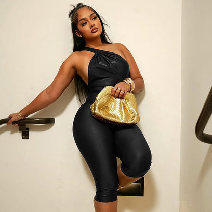 DZHT D26JP189 bronzing slant shoulder bare back tight hot girl cropped jumpsuit