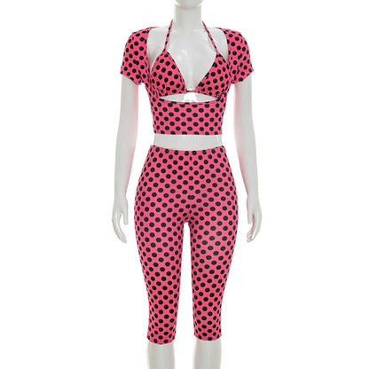 DZHT J26ST079 wave sleeveless dot printed three-piece set