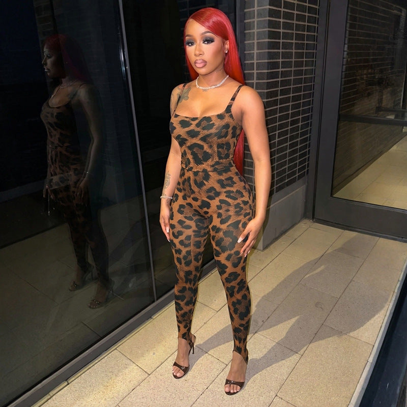 DZHT D26ST185 leopard print sleeveless leotard step-on tight trousers two-piece suit