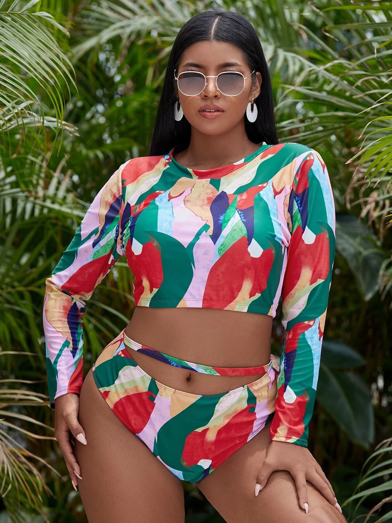 LF (L-4XL) women's split color printing swimsuit plus size